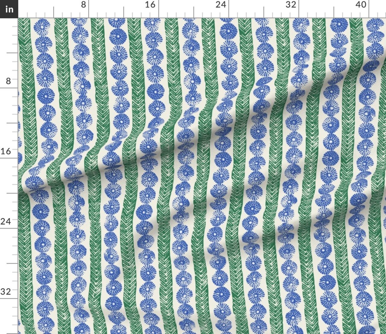 Block Print Floral Blue Green Geometric Stripes Mid-Century Jewel Tone Coastal Custom Printed Fabric by Spoonflower Various Fabrics by the Yard or Fat Quarter